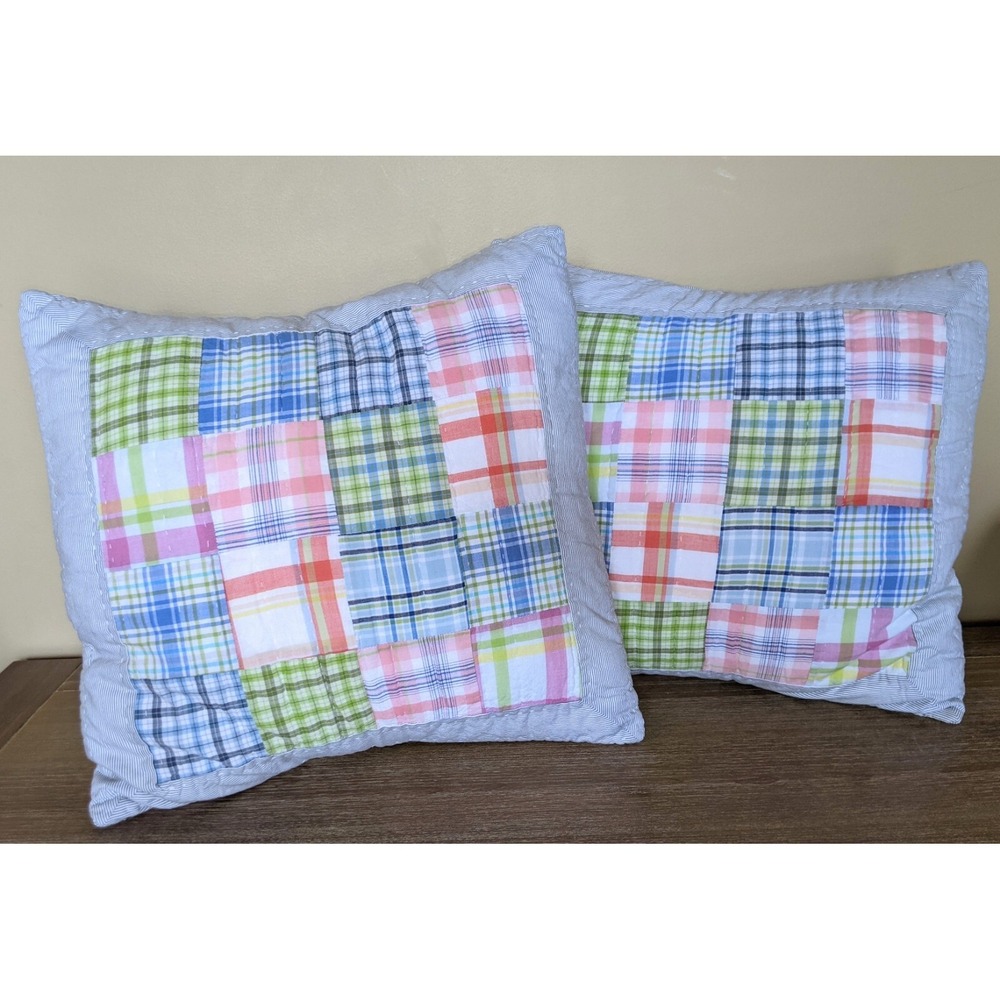 2 NAUTICA Patchwork Quilt Pillow Cover Sham 16x16" Madras Plaid Beach Lake House